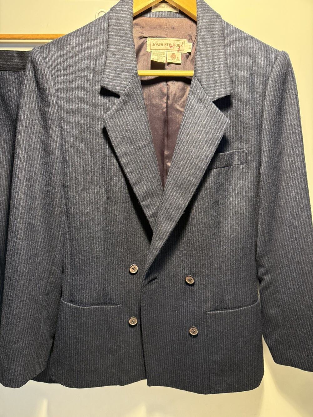 Jones New York Suit Vtg Wool Navy Pinstripe Skirt Set Double Breasted 80s 90s